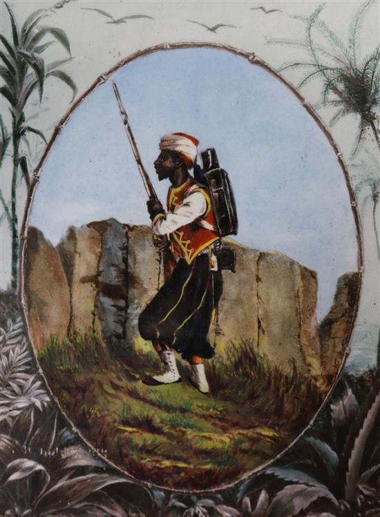A 19th century Continental porcelain plaque painted with a Moroccan soldier, housed in an ornate gilt gesso frame, plaque 20 x 15cm